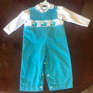 Boys Smocked Blue Cars Corduroy One Piece & Shirt